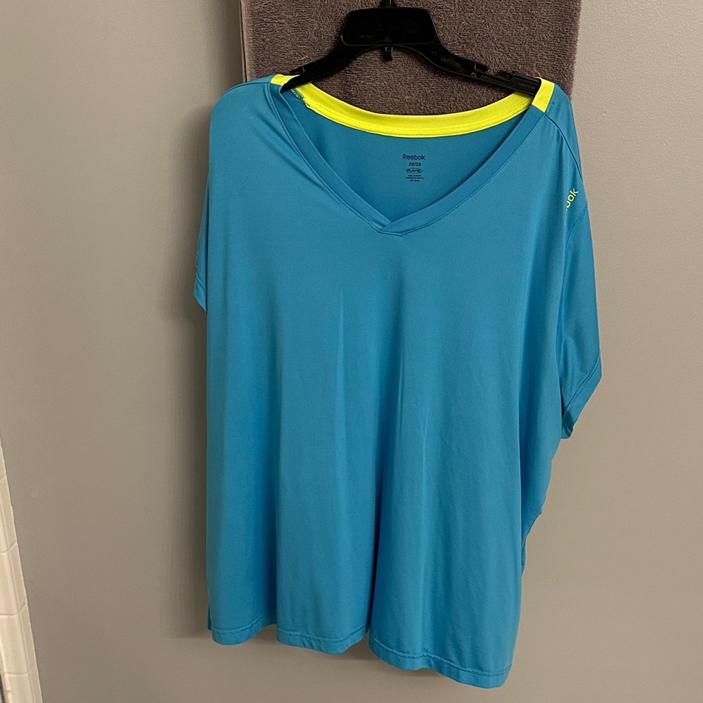 Reebok Women's Blue V-Neck Tee with Yellow Trim